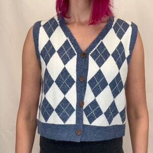 Blue Argyle Sweater Vest Cropped Button Front Women’s L Preppy